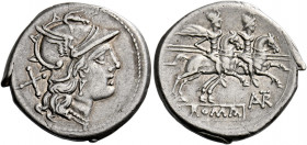    L. Autronius. Denarius circa 189-180, AR 3.82 g. Helmeted head of Roma r.; behind, X. Rev. The Dioscuri galloping r.; below, AVTR ligate and ROMA i...