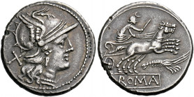    Plated denarius circa 179-170, AR 2.81 g. Helmeted head of Roma r., behind, X. Rev. Luna in prancing biga r.; below, prawn and ROMA in partial tabl...