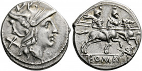    Denarius circa 169-158, AR 4.20 g. Helmeted head of Roma r.; behind, X. Rev. The Dioscuri galloping r.; below, gryphon and ROMA in partial tablet. ...