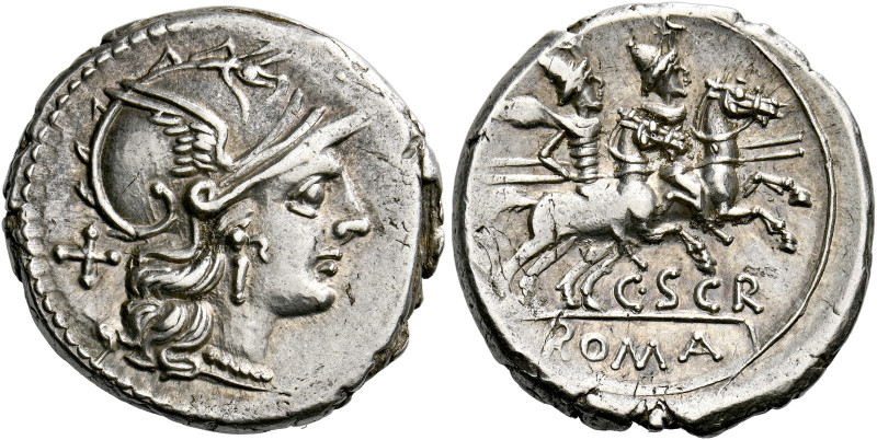    C. Scribonius. Denarius 154, AR 4.04 g. Helmeted head of Roma r.; behind, X. ...