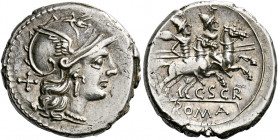    C. Scribonius. Denarius 154, AR 4.04 g. Helmeted head of Roma r.; behind, X. Rev. The Dioscuri galloping r.; below, C·SCR and ROMA in tablet. Babel...