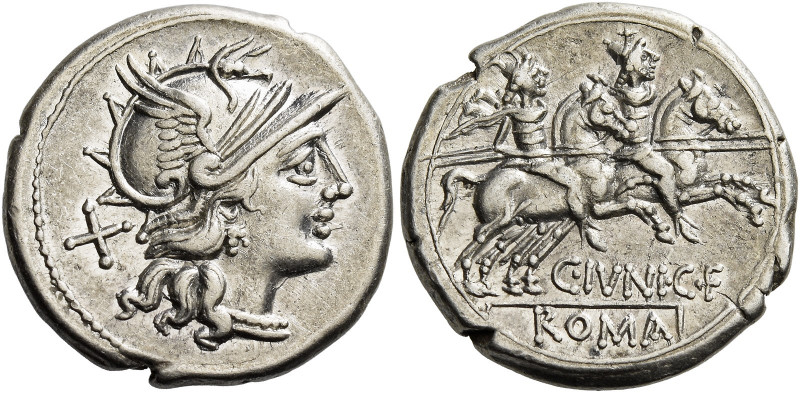    C. Iunius C.f. Denarius 149, AR 4.04 g. Helmeted head of Roma r., behind, X. ...