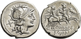    C. Iunius C.f. Denarius 149, AR 4.04 g. Helmeted head of Roma r., behind, X. Rev. The Dioscuri galloping r.; below horses, C·IVNI·C·F and ROMA in p...