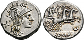   Denarius 143, AR 3.87 g. Helmeted head of Roma r.; behind, X. Rev. Diana in prancing biga of stags r., holding double torches and reins; below, cre...
