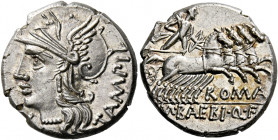    M. Baebius Q.f. Tampilus. Denarius 137, AR 3.94 g. Helmeted head of Roma l., wearing necklace of beads; below chin, X. Behind, TAMPIL. Rev. Apollo ...