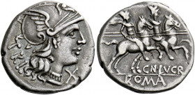   Cn. Lucretius Trio. Denarius 136, AR 3.82 g. Helmeted head of Roma r.; below chin, X. Behind, TRI. Rev. Dioscuri galloping r., below, CN·LVCR. In e...