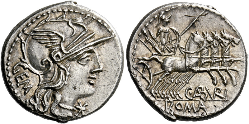    C. Aburius Gem. Denarius 134, AR 3.94 g. Helmeted head of Roma r.; below chin...
