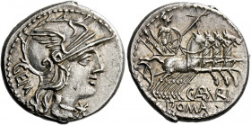    C. Aburius Gem. Denarius 134, AR 3.94 g. Helmeted head of Roma r.; below chin, * and behind, GEM. Rev. Mars in quadriga r., holding spear, shield, ...