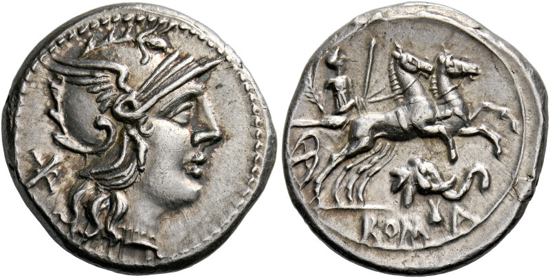    Denarius 128, AR 3.87 g. Helmeted head of Roma r.; behind, *. Rev. Goddess in...