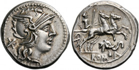    Denarius 128, AR 3.87 g. Helmeted head of Roma r.; behind, *. Rev. Goddess in biga r., holding sceptre and reins in l. hand and branch in r.; below...