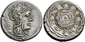    M. Caecilius Q.f. Q.n. Metellus. Denarius 127, AR 3.91 g. Helmeted head of Roma r., with star on flap; behind, ROMA upwards and below chin, *. Rev....