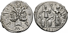    M. Furius L.f. Philus. Denarius 121, AR 3.95 g. M·FOVRI·L·F Laureate head of Janus. Rev. Roma standing l., wearing Corinthian helmet and holding sc...