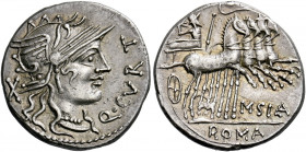    Q. Curtius and M. Silanus. Denarius 116 or 115, AR 3.89 g. Q·CVRT Helmeted head of Roma r.; behind, X. Rev. Jupiter in prancing quadriga r., holdin...