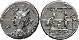    P. Licinius Nerva. Denarius 113 or 112, AR 3.15 g. Helmeted bust of Roma l., holding shield in l. hand and spear over shoulder in r.; in l. field, ...