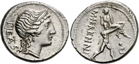    M. Herennius. Denarius 108 or 107, AR 3.97 g. PIETAS Diademed head of Pietas r. Rev. M·HERENNI One of the Catanean brothers running r., carrying hi...