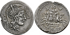    A. Manlius Q. f. Sergianus. Denarius 118-107, AR 3.87 g. SER – ROMA Helmeted head of Roma r., bowl decorated with plumes. Rev. Facing quadriga of S...