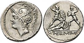    Q. Minucius M. f. Ter. Denarius 103, AR 3.92 g. Helmeted head of Mars l. with branch and annulet on bowl. Rev. Roman soldier fighting enemy in prot...