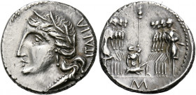    The Bellum Sociale. Denarius, Corfinium 90, AR 3.88 g. ITALIA Wreathed head of Italia l., wearing earring and dotted necklace. Rev. Oath-taking sce...