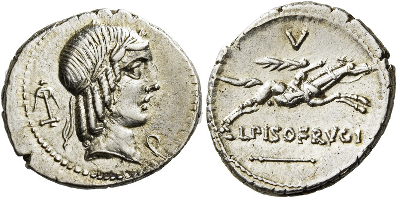    L. Piso Frugi. Denarius 90, AR 3.94 g. Laureate head of Apollo r.; below chin...