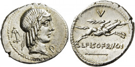    L. Piso Frugi. Denarius 90, AR 3.94 g. Laureate head of Apollo r.; below chin, P and behind, anchor. Rev. Horseman galloping l., holding torch in u...