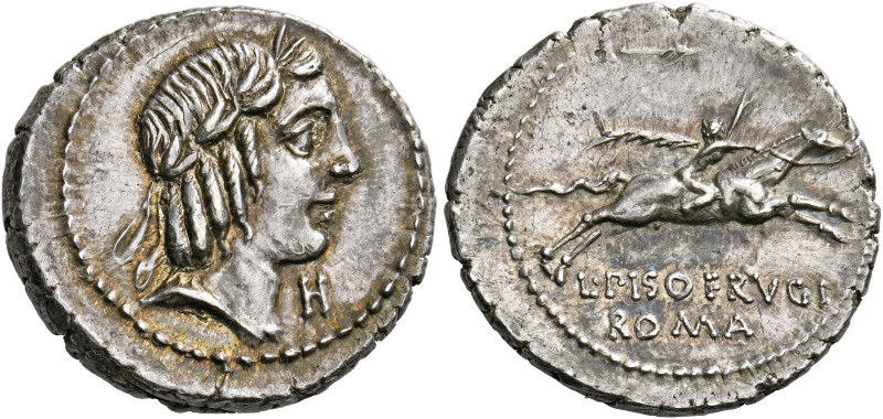    L. Piso Frugi. Denarius 90, AR 4.01 g. Laureate head of Apollo r.; below chin...