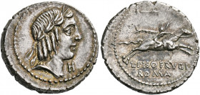    L. Piso Frugi. Denarius 90, AR 4.01 g. Laureate head of Apollo r.; below chin, H. Rev. Horseman galloping l., holding torch in upraised r. hand; ab...
