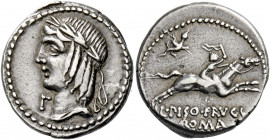    L. Calpurnius Piso Frugi. Denarius 90, AR 3.96 g. Laureate bust of Apollo l.; below chin, G. Rev. Horseman galloping r., holding whip in upraised r...