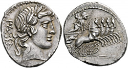    C. Vibius C.f. Pansa. Denarius 90, AR 3.78 g. PANSA Laureate head of Apollo r.; below chin, control mark. Rev. Minerva in fast quadriga r., holding...
