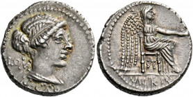    M. Cato. Denarius 89, AR 4.00 g. Diademed and draped female bust r., behind, ROMA and below neck truncation, M CATO. Rev. Victory seated r., holdin...