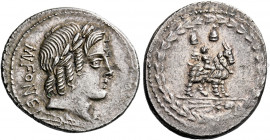    Mn. Fonteius C.f. Denarius 85, AR 3.99 g. MN·FONTEI – [C·F] Laureate head of Apollo r.; below, thunderbolt. Rev. Winged figure on goat r.; above, p...
