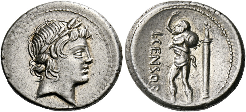    L. Marcius Censorinus. Denarius 82, AR 3.73 g. Laureate head of Apollo r. Rev...