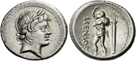    L. Marcius Censorinus. Denarius 82, AR 3.73 g. Laureate head of Apollo r. Rev. L·CENSOR Marsyas walking l. with r. arm raised and holding wine-skin...