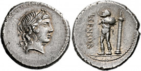    L. Marcius Censorinus. Denarius 82, AR 3.92 g. Laureate head of Apollo r. Rev. L·CENSOR Marsyas walking l. with r. arm raised and holding wine-skin...