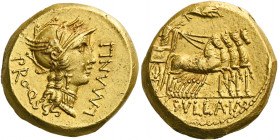    L. Cornelius Sulla Imperator with L. Manlius Torquatus Proquaestor. Aureus, mint moving with Sulla 82, AV 10.78 g. L·MANLI – PRO Q. Helmeted head o...
