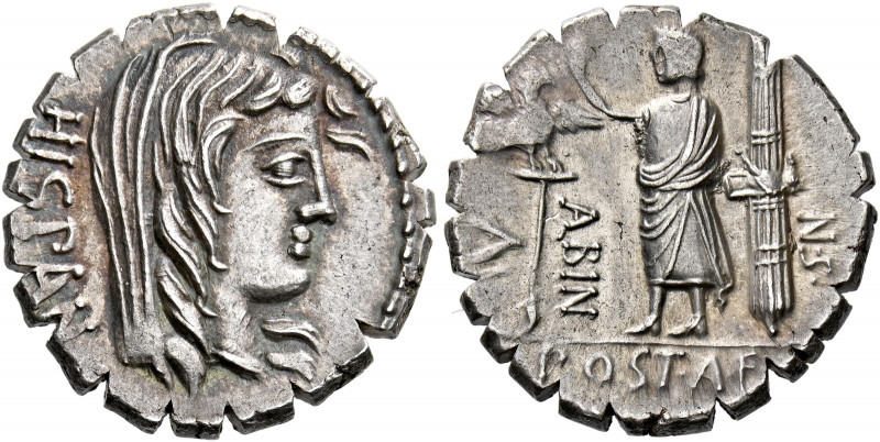    A. Postumius Albinus. Denarius serratus 81, AR 3.84 g. HISPAN Veiled head of ...