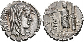    A. Postumius Albinus. Denarius serratus 81, AR 3.84 g. HISPAN Veiled head of Hispania r. Rev. A· – POST·A·F – ·S·N – ALBIN Togate figure standing l...