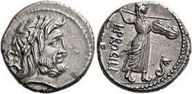    L. Procilius. Denarius 80, AR 17 mm, 3.99 g. Laureate head of Jupiter r.; behind, S·C. Rev. L·PROCILI / F Juno Sospita standing r., holding shield ...