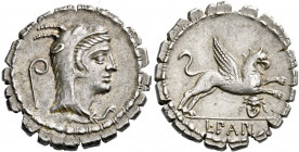   L. Papius. Denarius serratus 79, AR 3.72g. Head of Juno Sospita r.; behind, crook. Rev. Gryphon leaping r.; below, mask. In exergue, L·PAPI. Babelo...