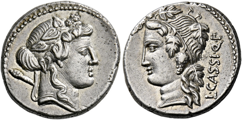    L. Cassius Q. f. Denarius 78, AR 3.80 g. Ivy-wreathed head of Liber r., with ...