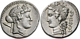    L. Cassius Q. f. Denarius 78, AR 3.80 g. Ivy-wreathed head of Liber r., with thyrsus over shoulder. Rev. L·CASSI·Q·F Vine-wreathed head of Liber l....