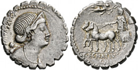    C. Egnatius Cn. f. Cn. n. Maxumus. Denarius serratus 75, AR 3.90 g. Diademed and draped bust of Venus r., with Cupid perched on shoulder; behind, M...