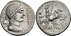    L. Farsuleius Mensor. Denarius 75, AR 3.95 g. MENSOR Diademed and draped bust of Libertas r.; behind, S·C / pileus. Rev. Warrior in biga r. holding...