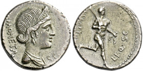    L. Plaetorius L.f. Cestianus. Denarius 74, AR 3.55 g. Diademed and draped bust of Juno Moneta r.; behind, MONETA; before, S C. Rev. Victorious boxe...