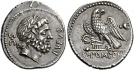    Q. Pomponius Rufus. Denarius 73, AR 3.96 g. RVFVS Laureate head of Jupiter r.; behind, S·C. Rev. Eagle perched on sceptre with l. talon and holding...