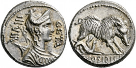    C. Hosidius C.f. Geta. Denarius 68, AR 4.10 g. III·VIR – GETA Diademed and draped bust of Diana r., with bow and quiver over shoulder. Rev. Boar r....