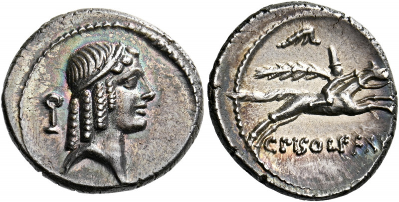 C. Piso L.f. Frugi. Denarius 61, AR 3.93 g. Head of Apollo r., wearing taenia; b...