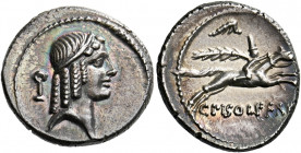 C. Piso L.f. Frugi. Denarius 61, AR 3.93 g. Head of Apollo r., wearing taenia; behind, stand surmounted by ring. Rev. Horseman galloping r., wearing c...