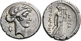    Q. Pomponius Musa. Denarius 66, AR 3.60 g. Laureate head of Apollo r.; behind, tortoise. Rev. Terpsichore standing r. holding square lyre in l. han...