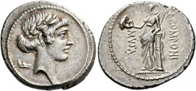    Q. Pomponius Musa. Denarius 66, AR 4.14 g. Laureate head of Apollo r.; behind, sandal. Rev. Q·POMPONI – MVSA Talia standing l. and resting against ...