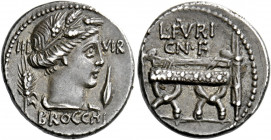    L. Furius Cn. f. Brocchus. Denarius 63, AR 3.86 g. III – VIR Head of Ceres r.; at sides, corn ear and barley grain. Below, BROCCHI. Rev. L·FVRI· / ...